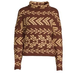 Junior's Mock Neck Sweater Hot Chocolate Brown Tribal Print Scandinavian